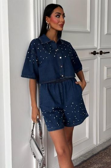 Taş Detaylı Gömlek Şort Denim Takım 10175 resmi